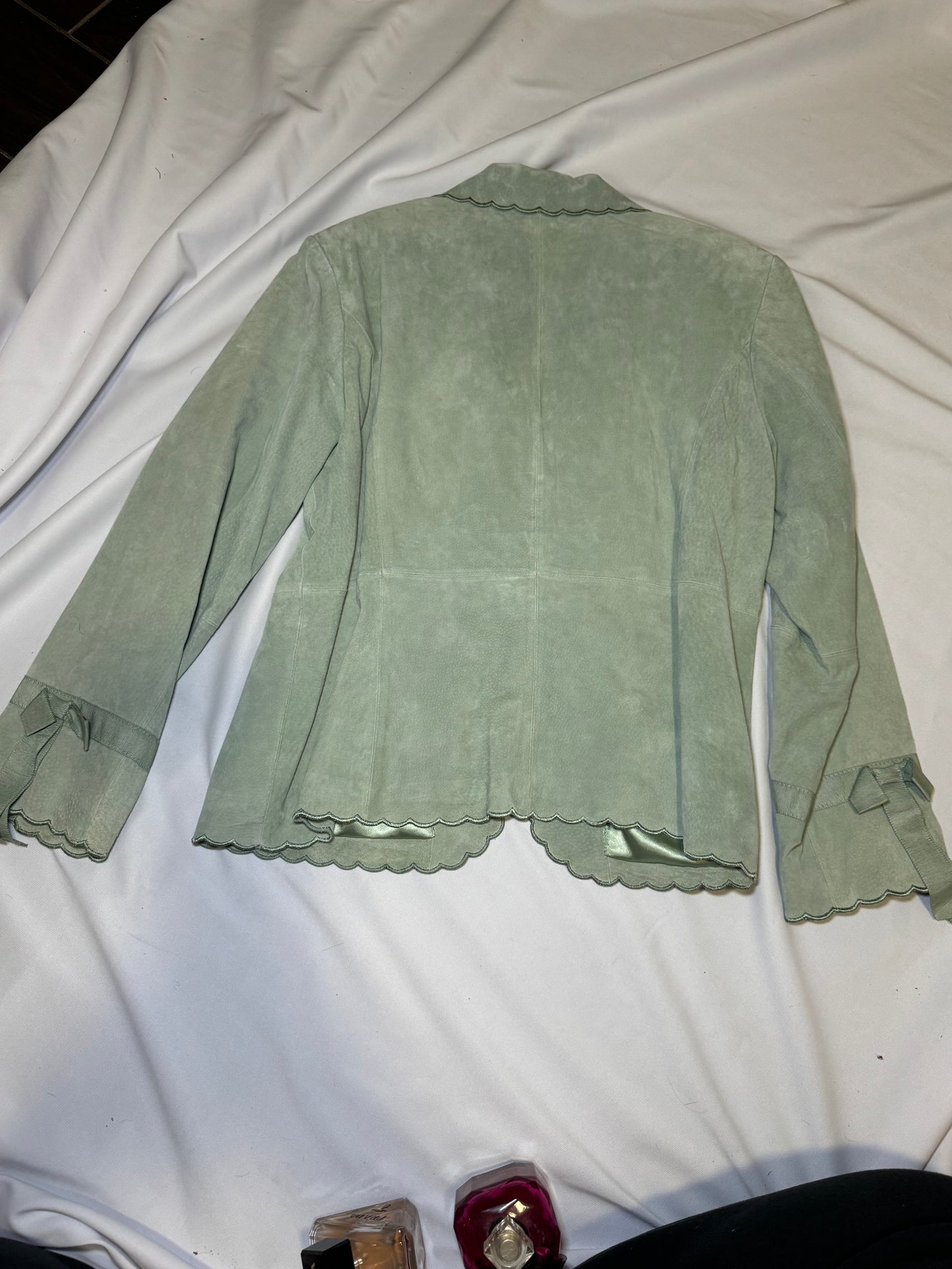 Vintage Sage Green Genuine Leather Suede Jacket with Scallop Hem