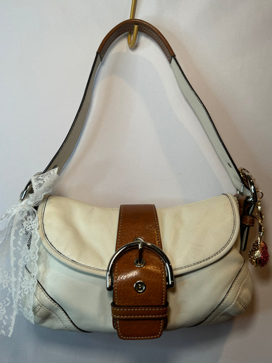 Vintage Y2K Coach White and Brown Small Soho Flap Shoulder Bag