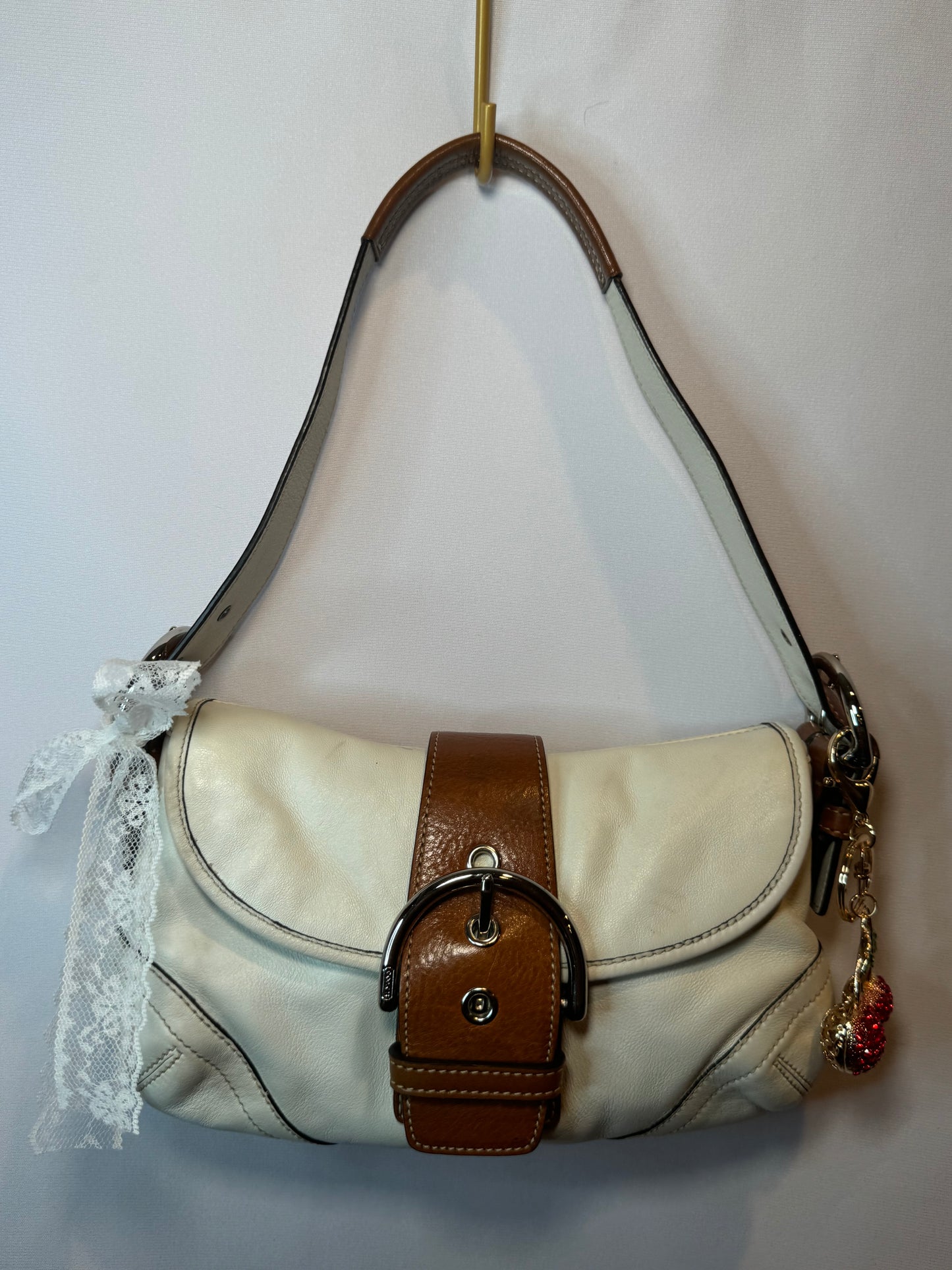 Vintage Y2K Coach White and Brown Small Soho Flap Shoulder Bag