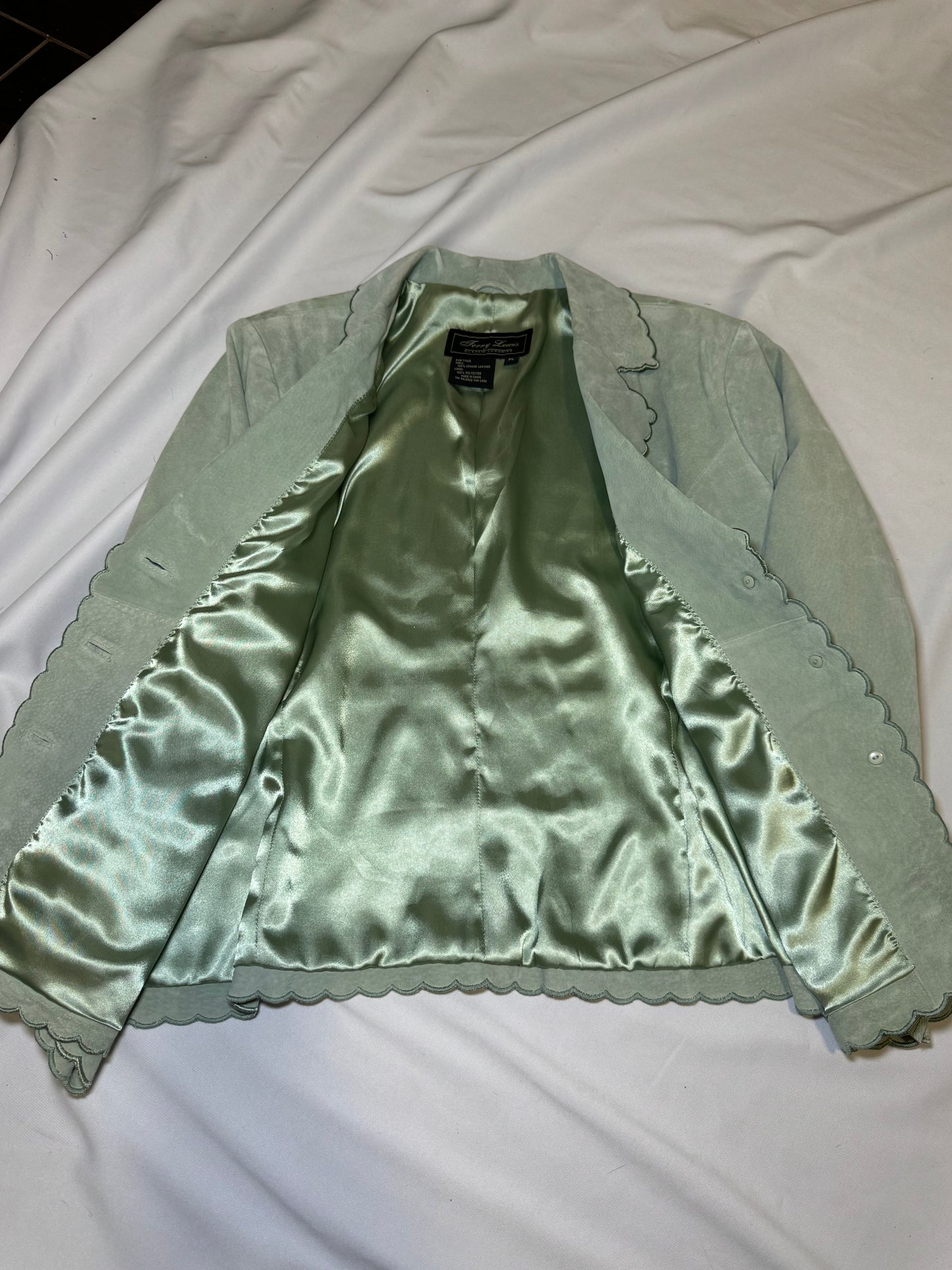 Vintage Sage Green Genuine Leather Suede Jacket with Scallop Hem