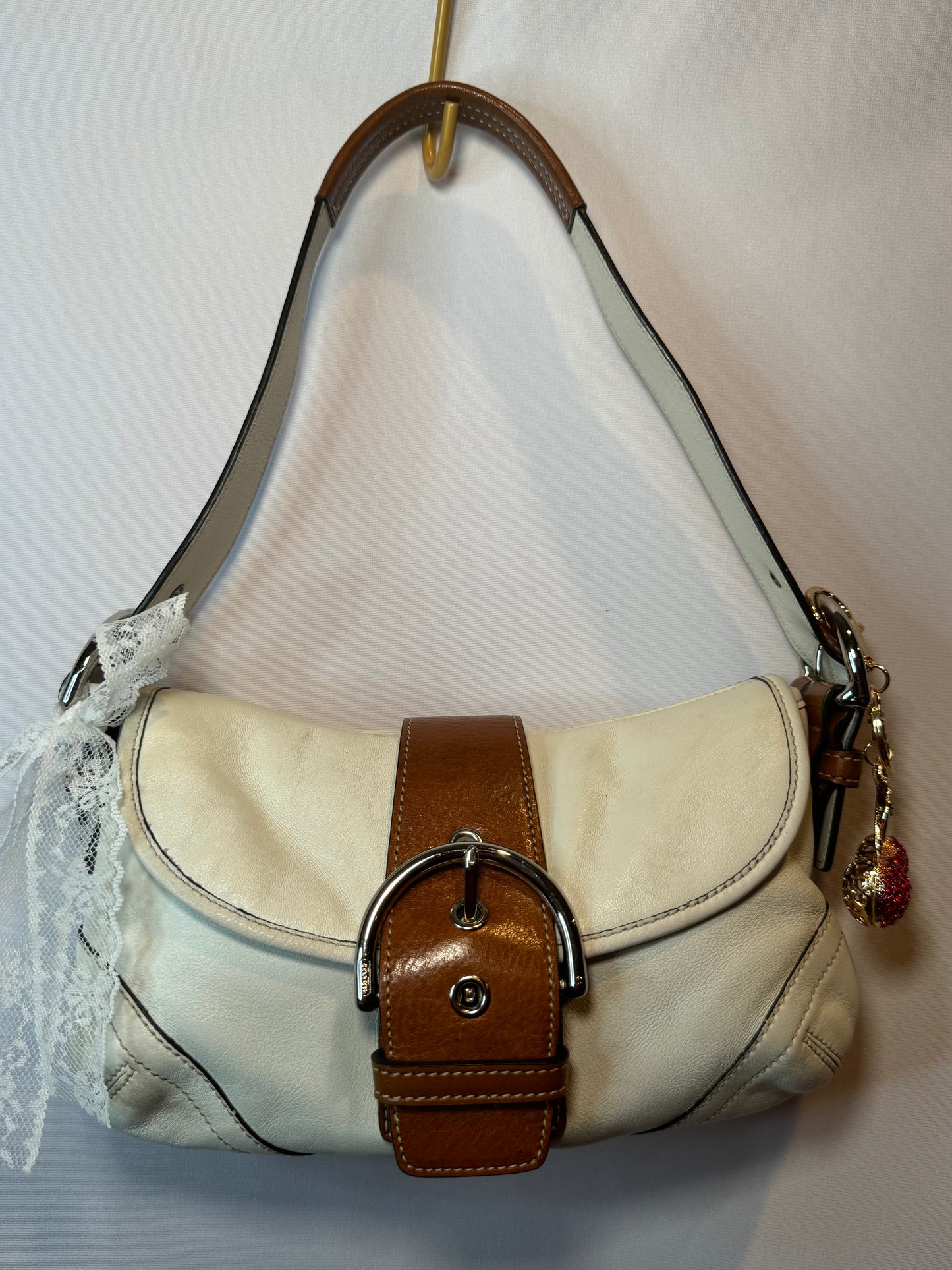 Vintage Y2K Coach White and Brown Small Soho Flap Shoulder Bag