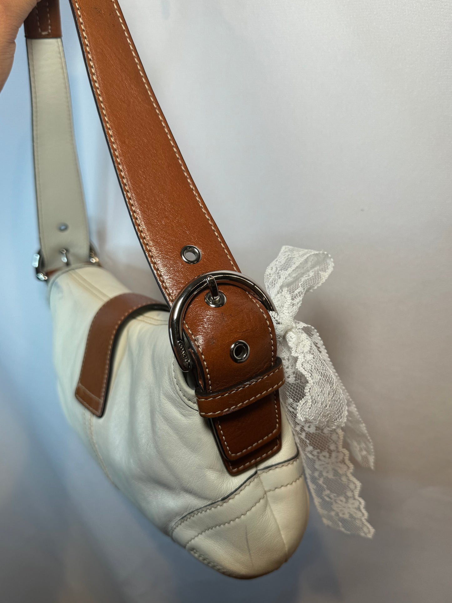 Vintage Y2K Coach White and Brown Small Soho Flap Shoulder Bag