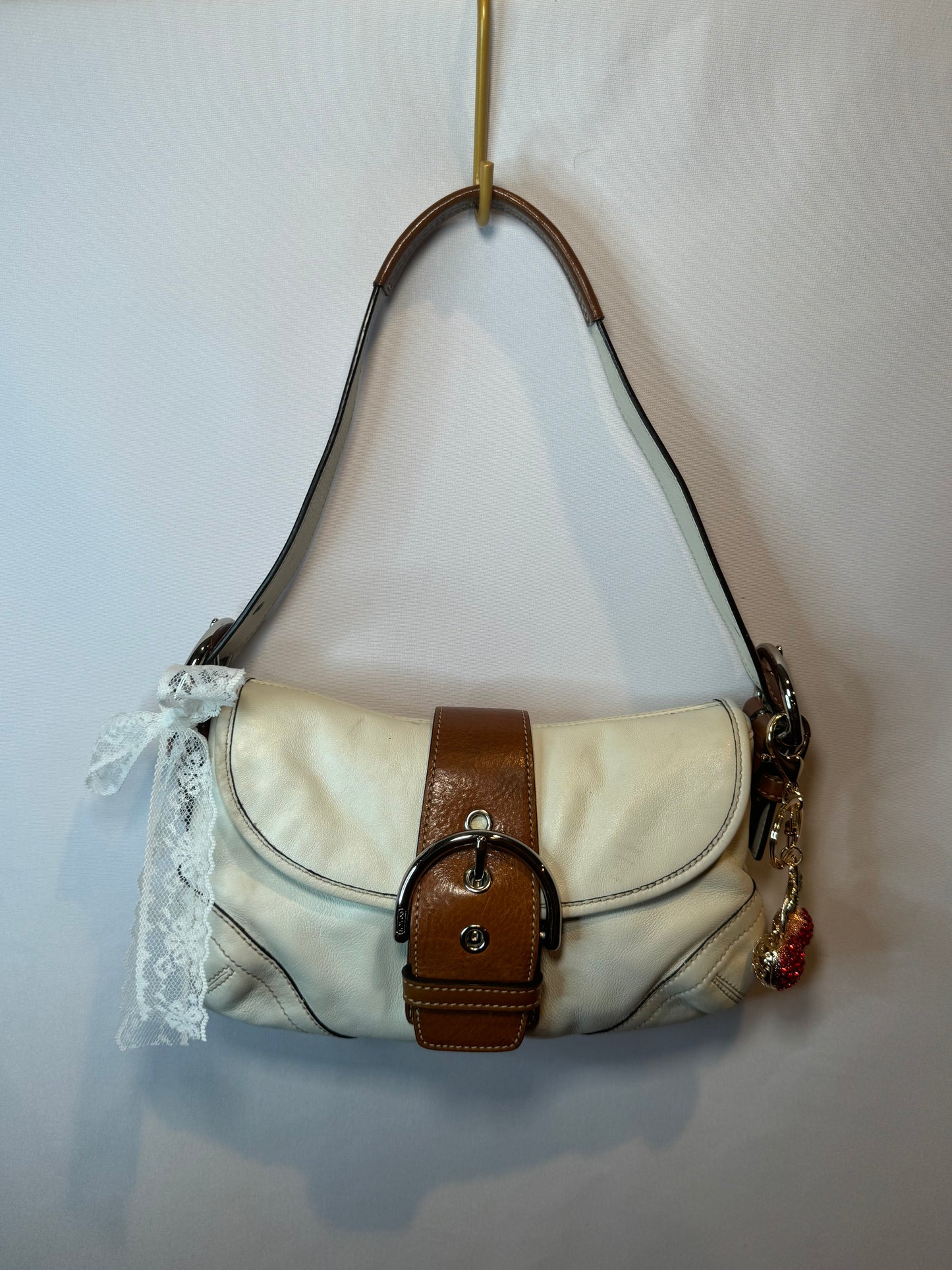 Vintage Y2K Coach White and Brown Small Soho Flap Shoulder Bag