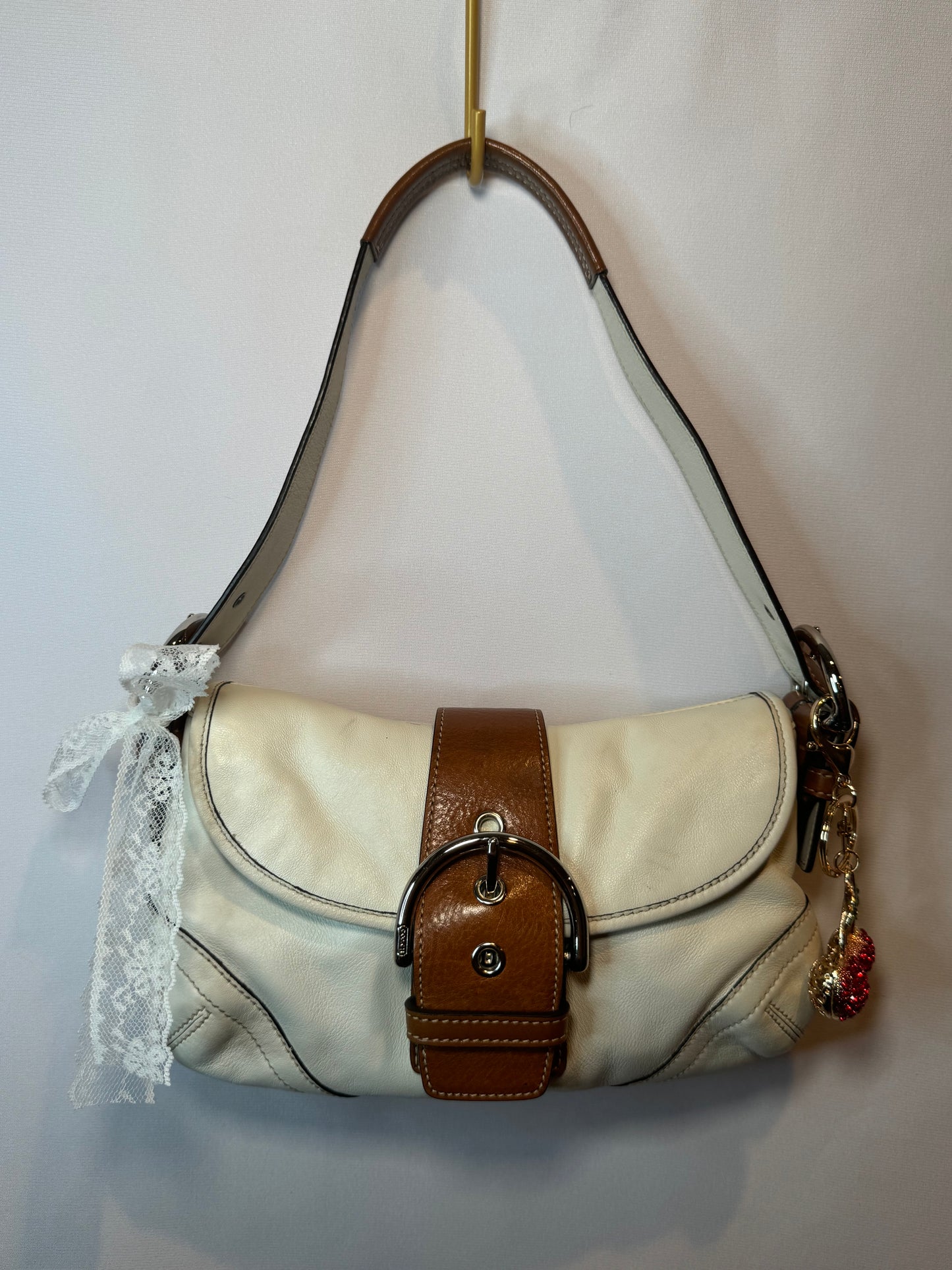 Vintage Y2K Coach White and Brown Small Soho Flap Shoulder Bag