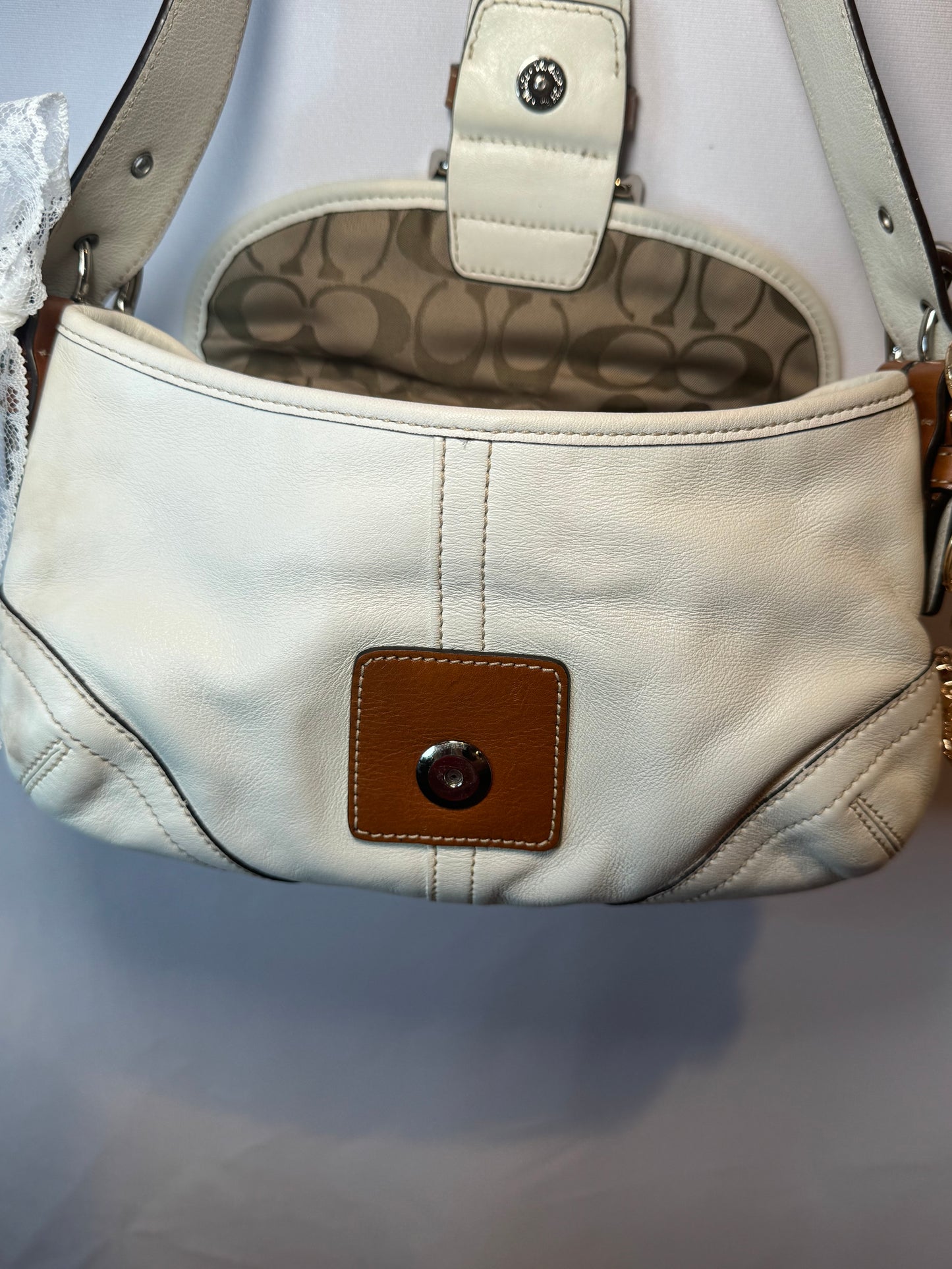 Vintage Y2K Coach White and Brown Small Soho Flap Shoulder Bag