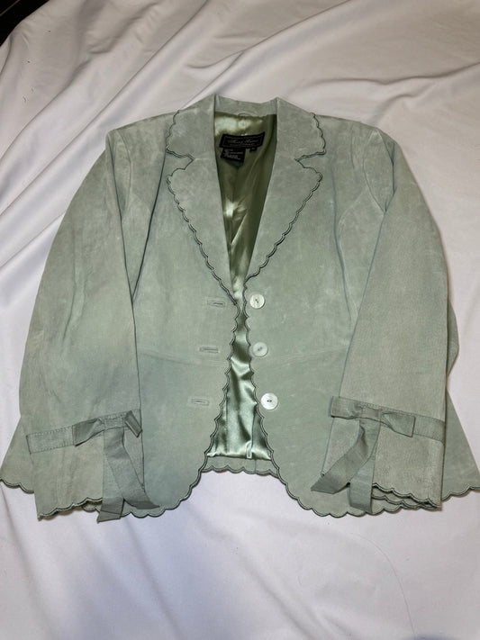 Vintage Sage Green Genuine Leather Suede Jacket with Scallop Hem