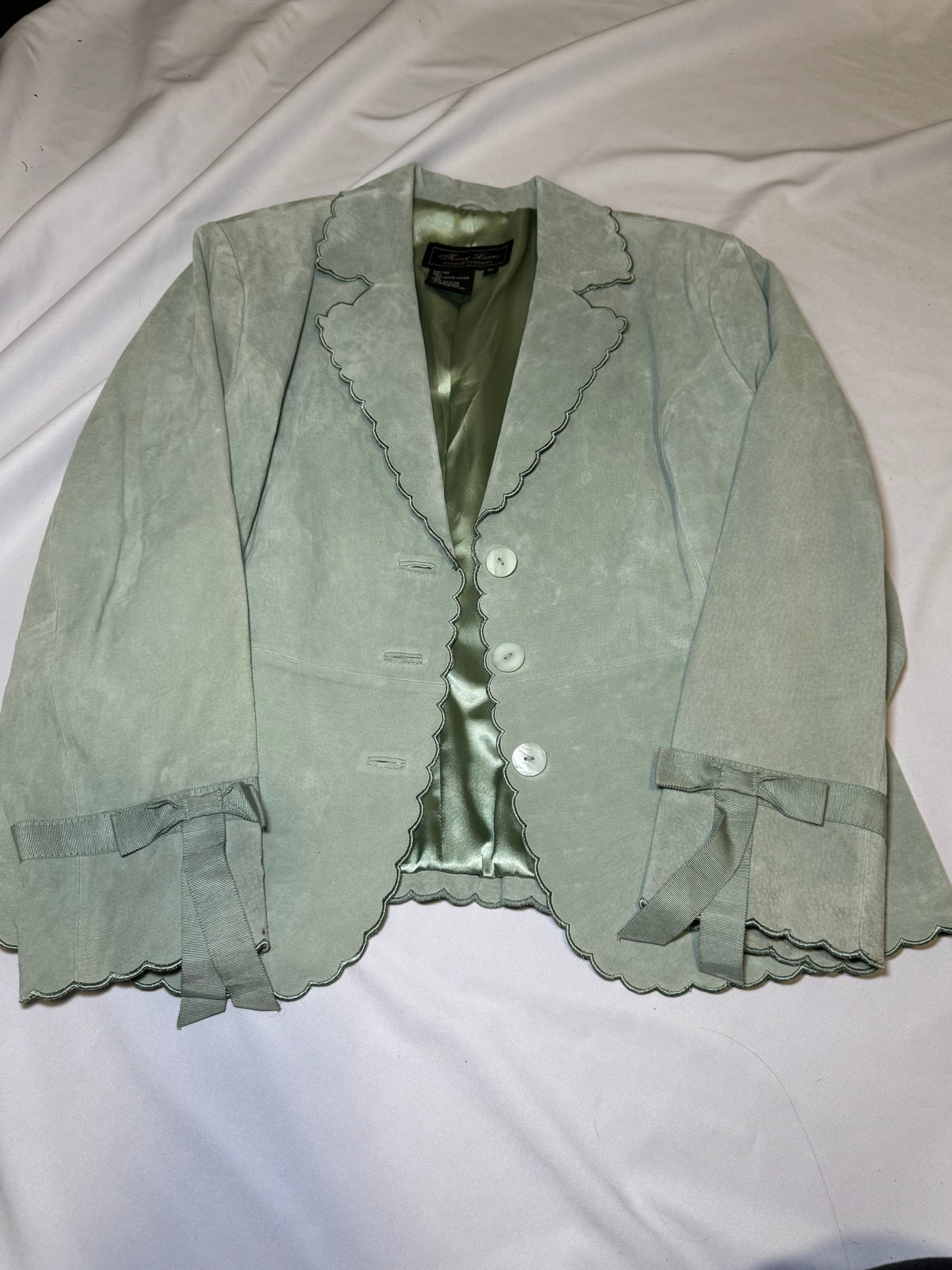 Vintage Sage Green Genuine Leather Suede Jacket with Scallop Hem