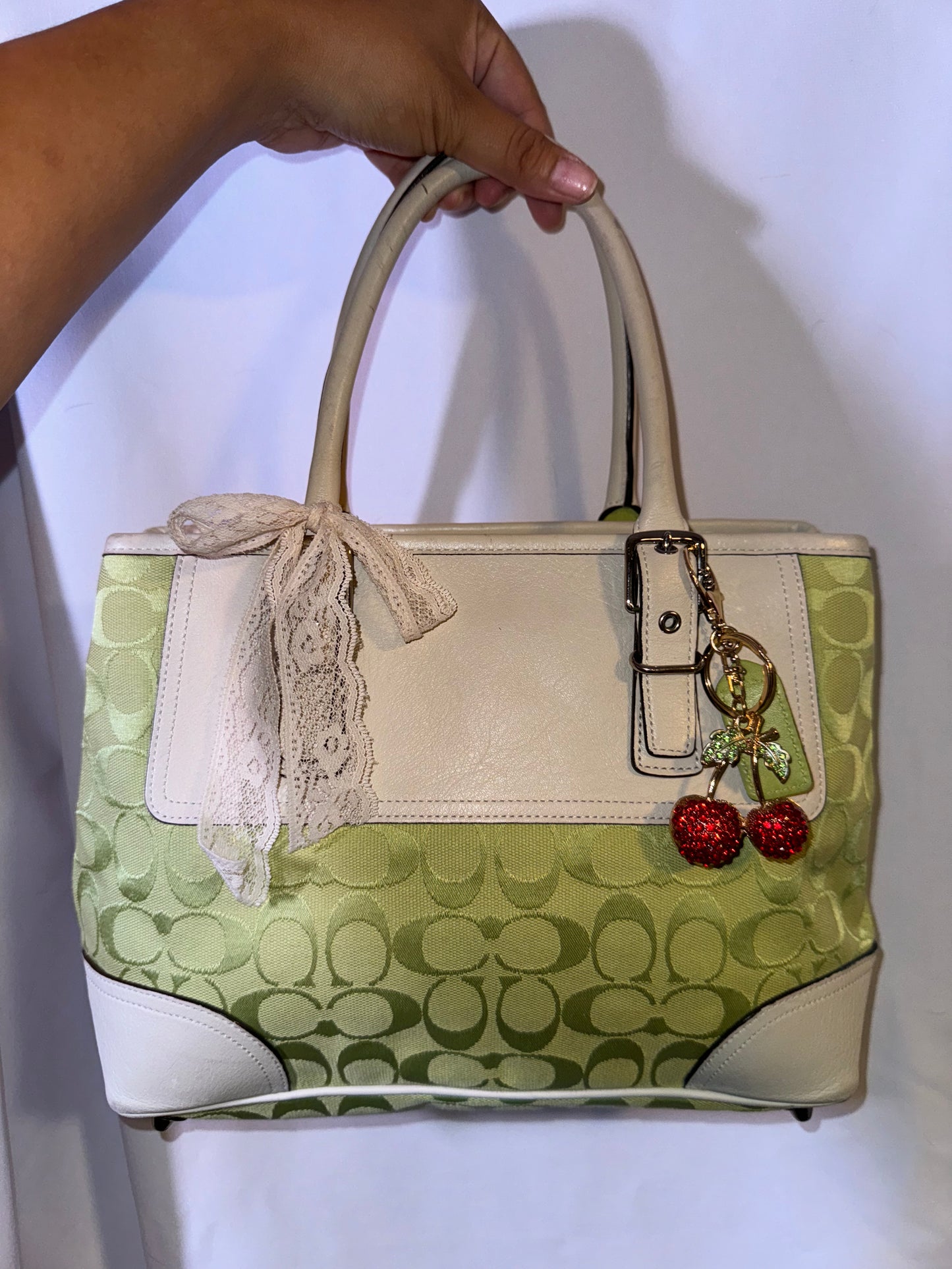 Vintage Y2K Lime Green Signature Jacquard and White Leather Accents & wallet Matching Set