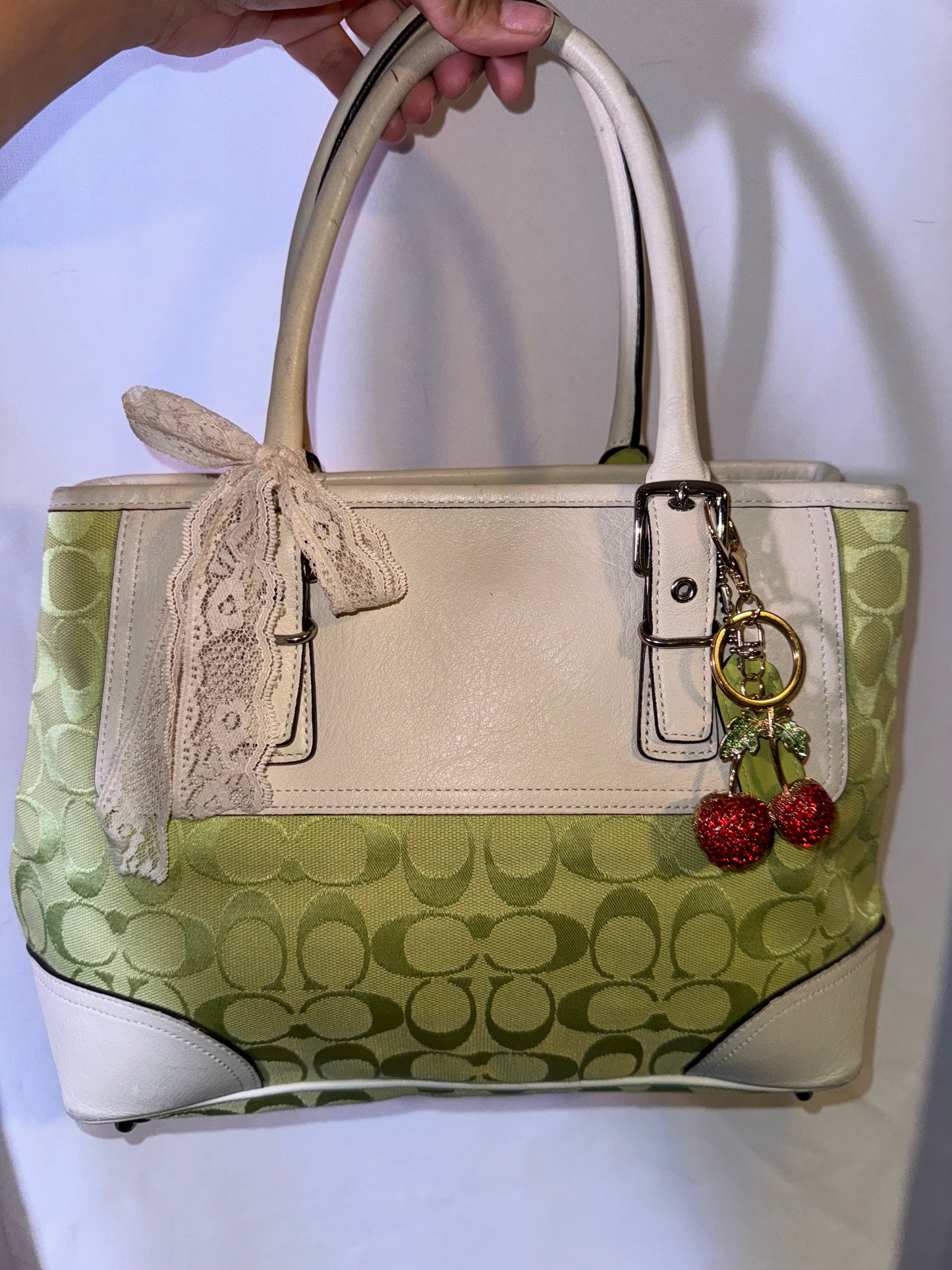 Vintage Y2K Lime Green Signature Jacquard and White Leather Accents & wallet Matching Set