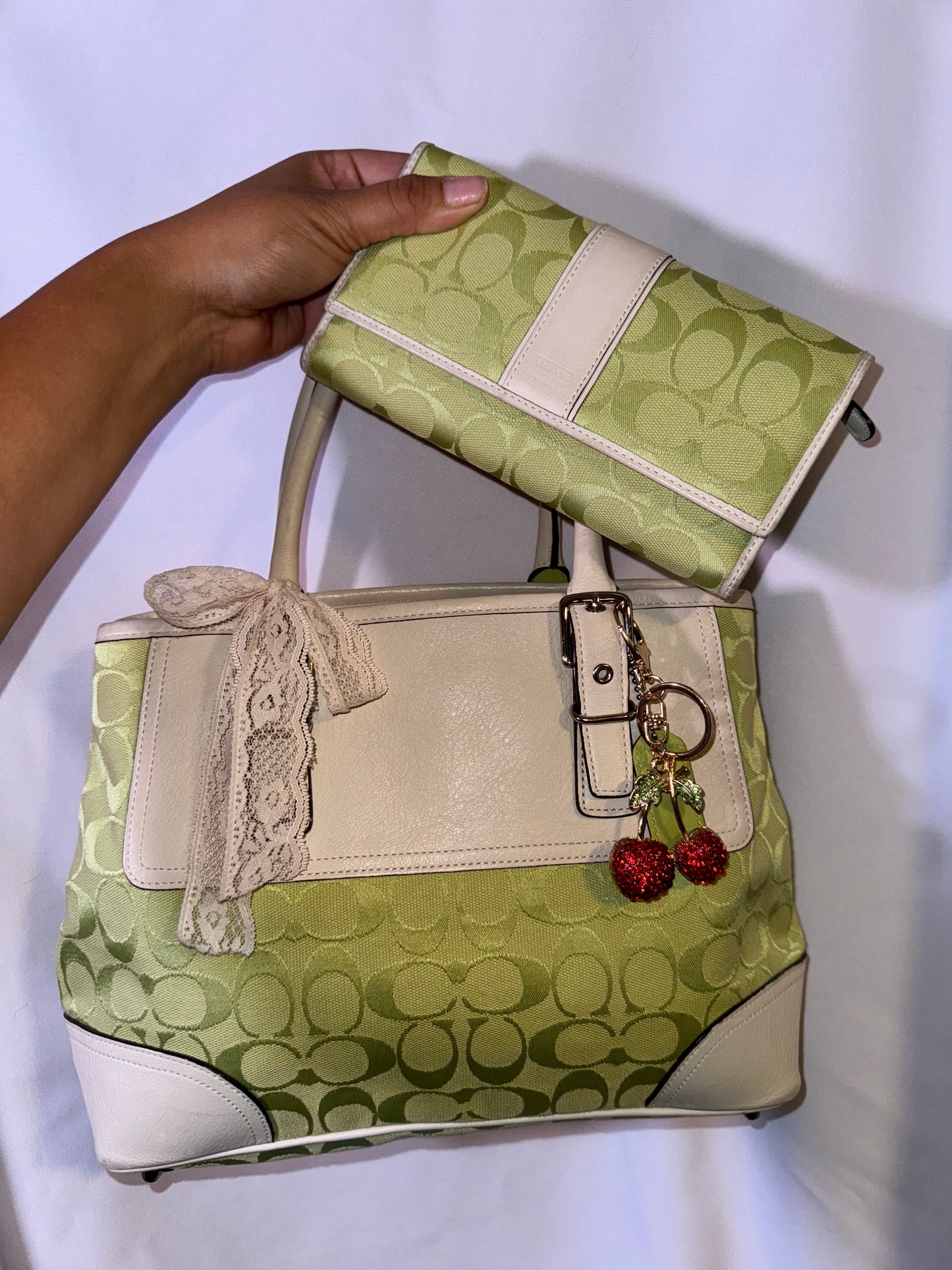 Vintage Y2K Lime Green Signature Jacquard and White Leather Accents & wallet Matching Set