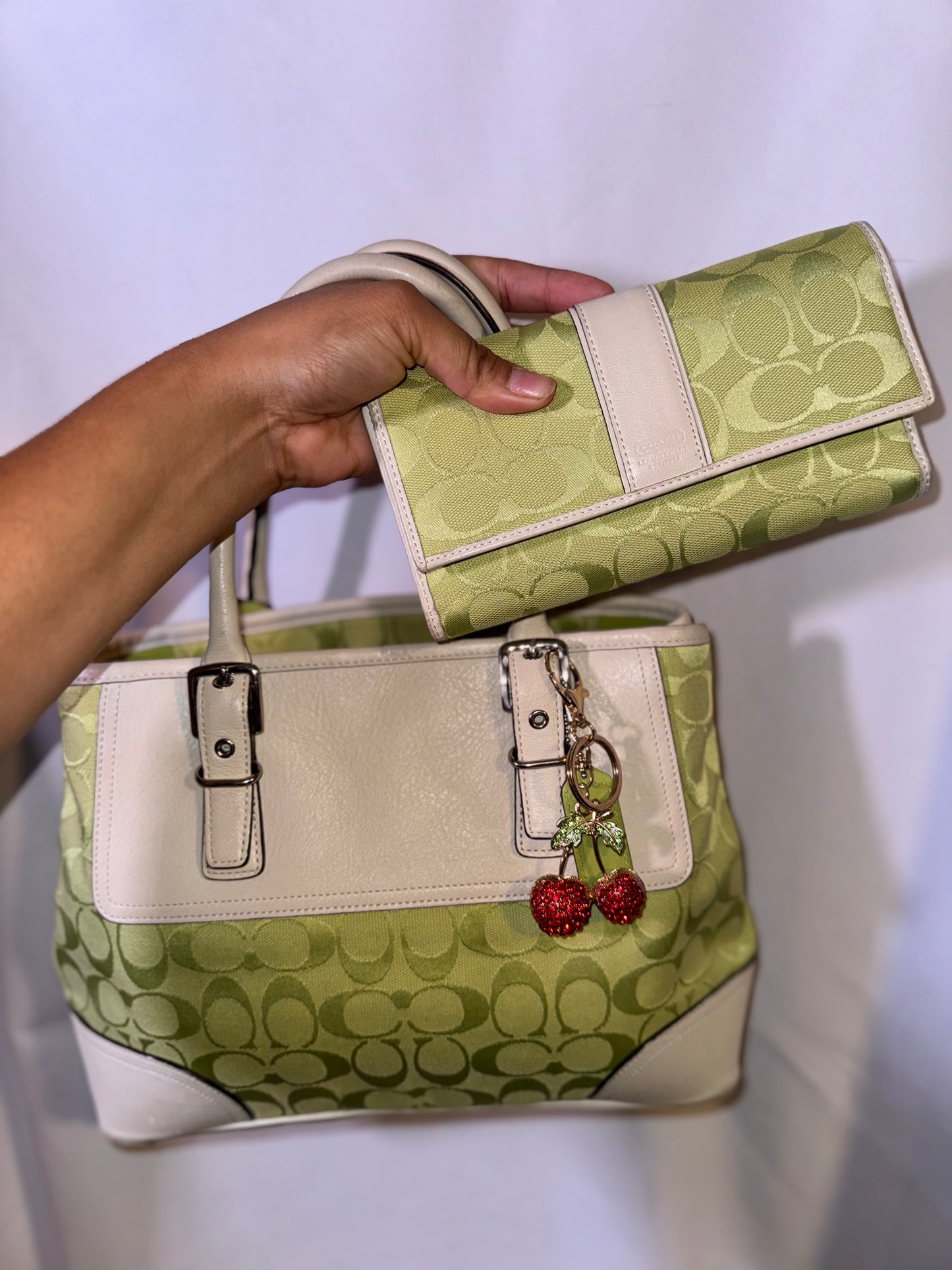 Vintage Y2K Lime Green Signature Jacquard and White Leather Accents & wallet Matching Set