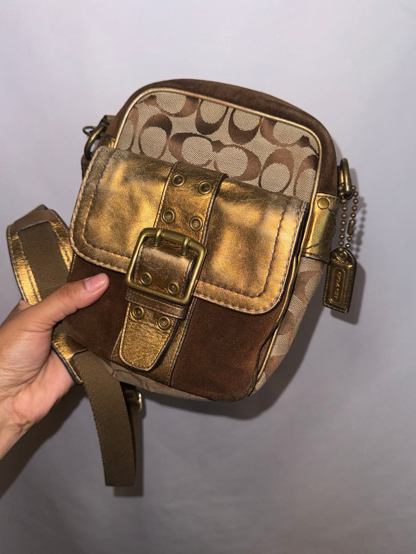 Vintage y2k Metallic and Suede Coach Signature Crossbody Bag