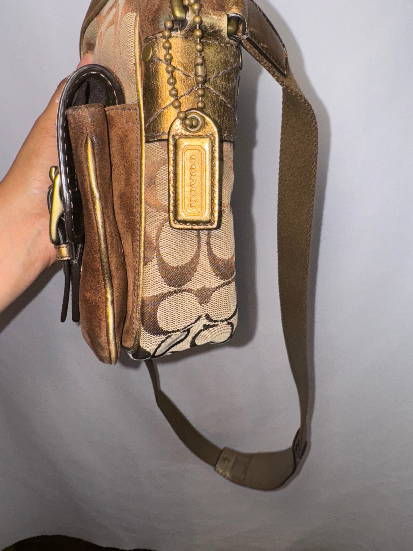 Vintage y2k Metallic and Suede Coach Signature Crossbody Bag