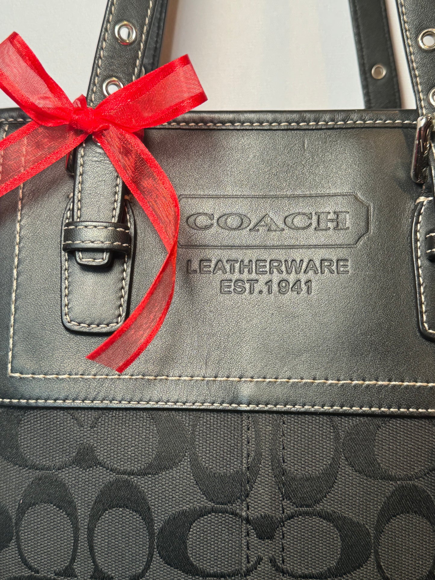 Vintage Coach Black Signature Jacquard and Leather Tote