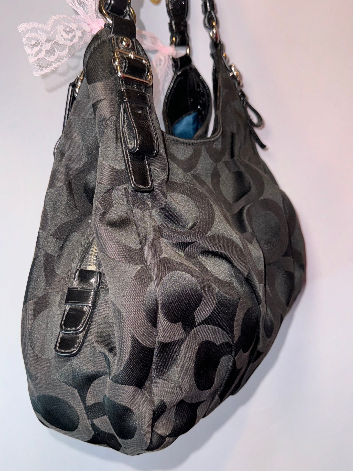 Vintage Black Coach Signature Jacquard Slouchy Hobo Bag