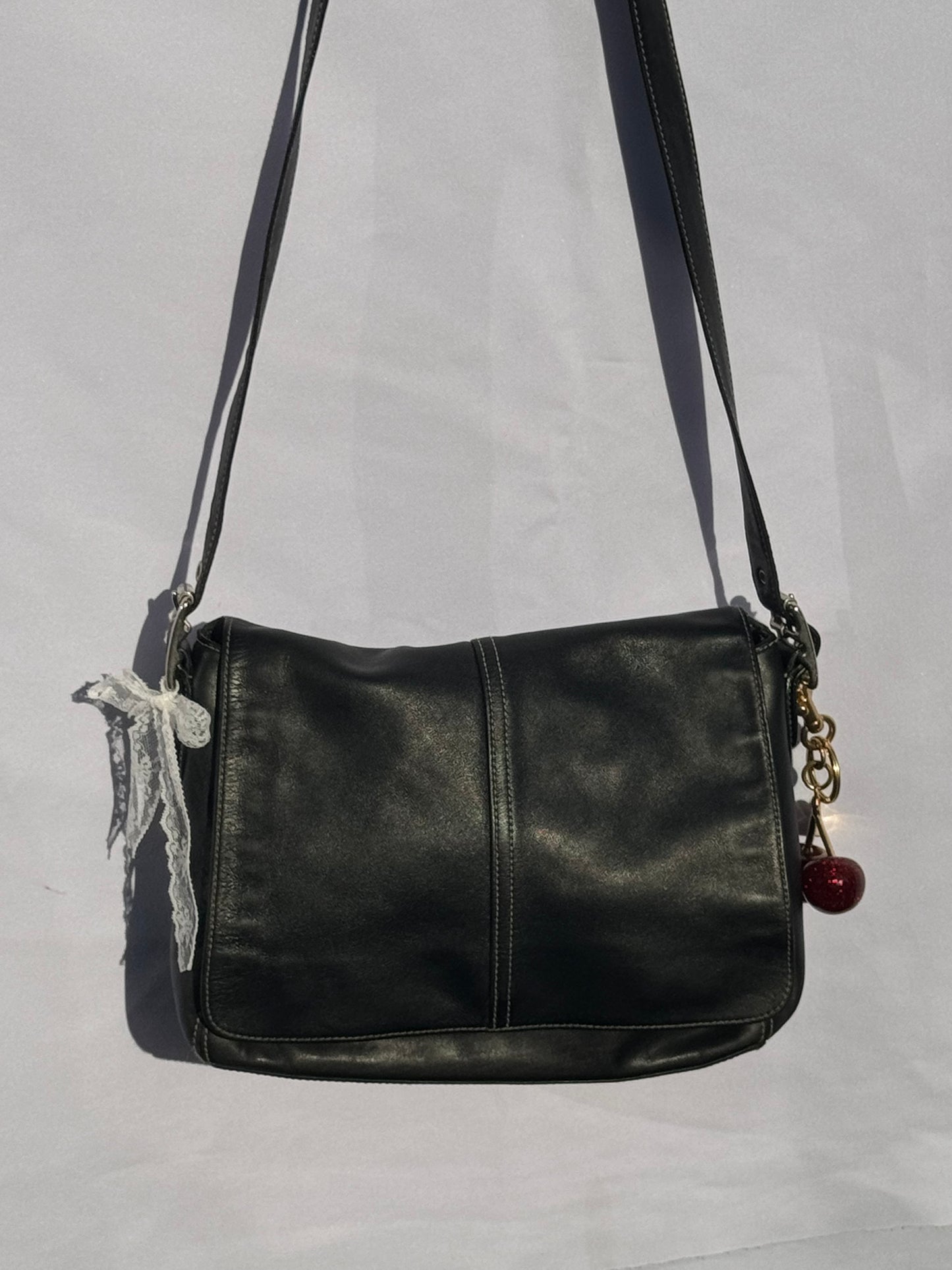 Vintage Coach Black Leather Flap Crossbody Bag