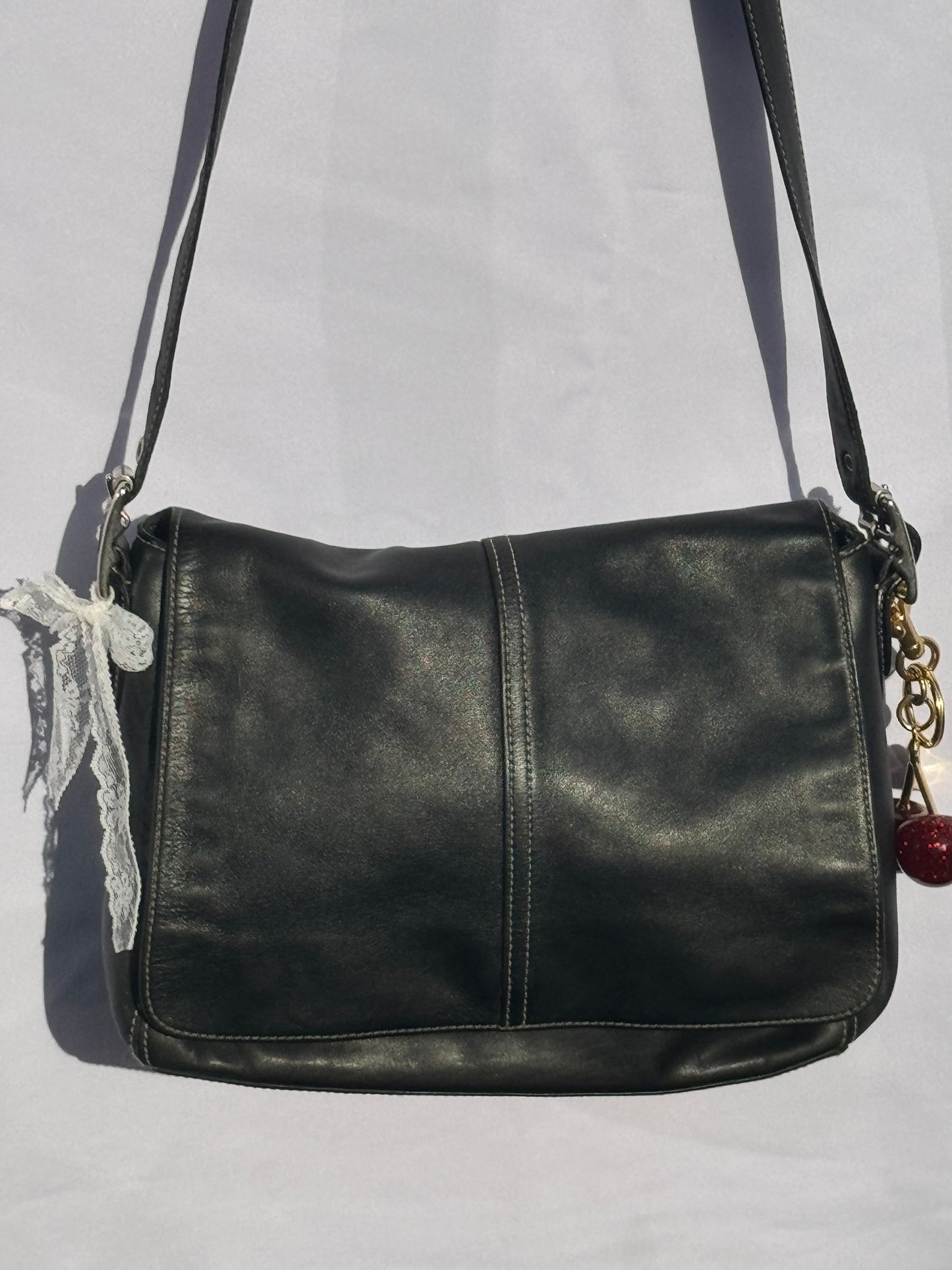 Vintage Coach Black Leather Flap Crossbody Bag