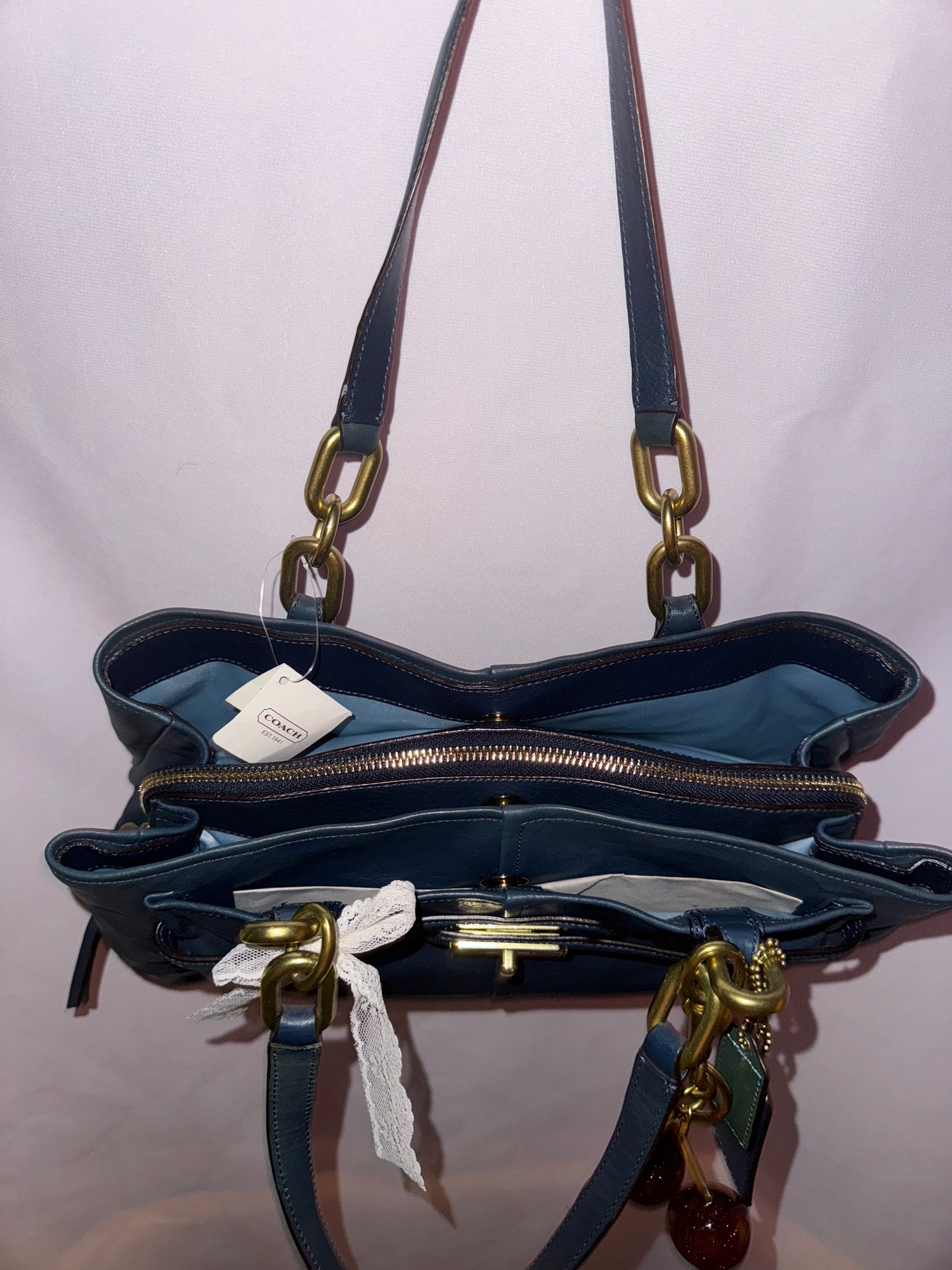 NWT Vintage Coach Blue Leather Tote Bag