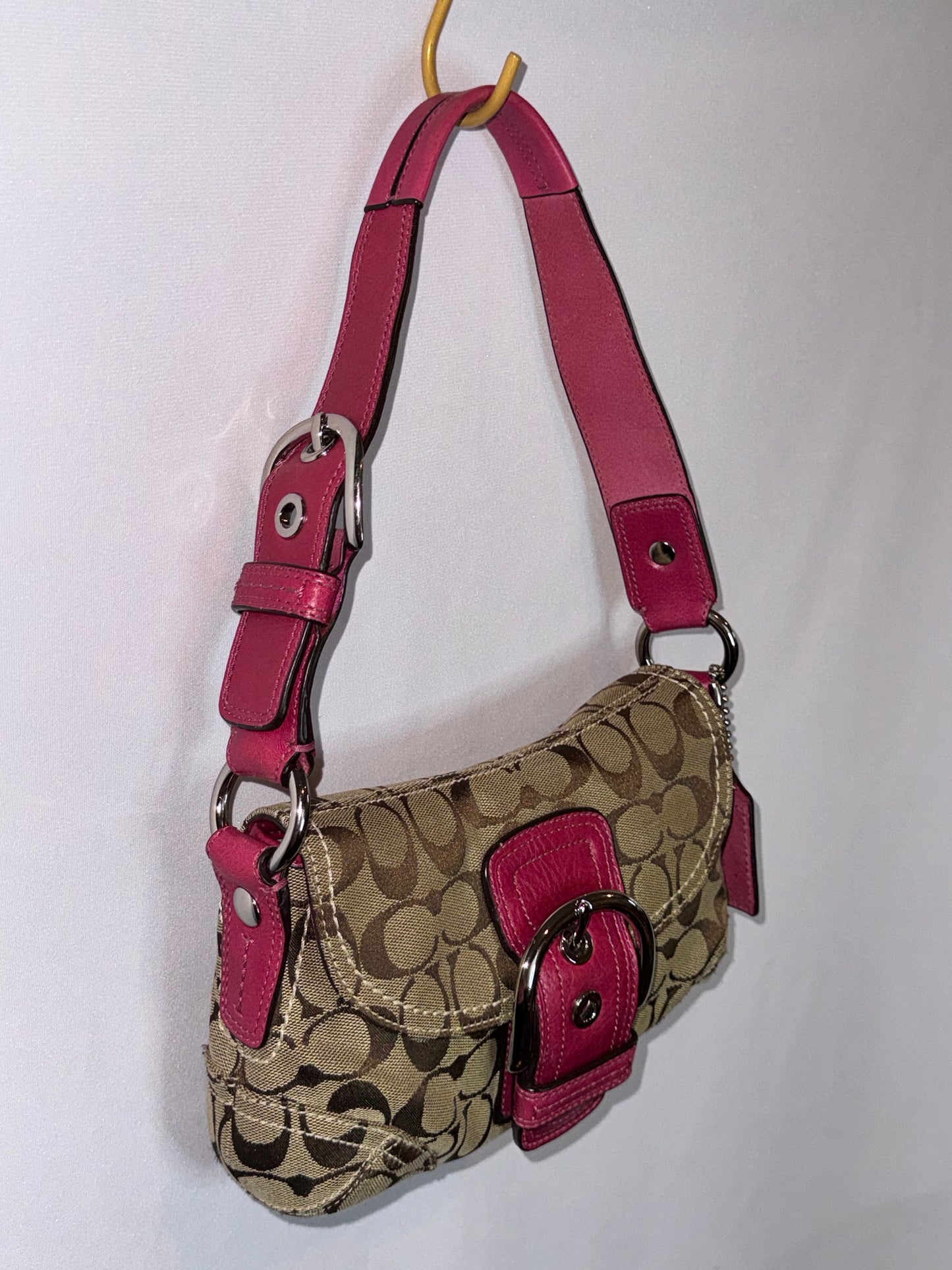 Vintage Y2K Pink and Brown Canvas Soho Flap Shoulder Bag