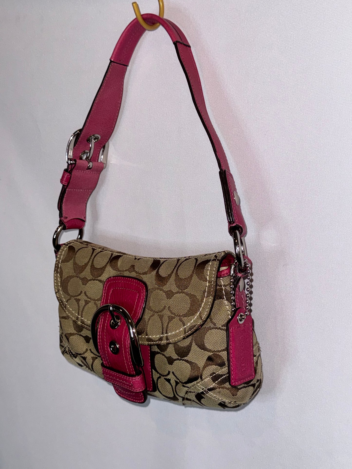 Vintage Y2K Pink and Brown Canvas Soho Flap Shoulder Bag