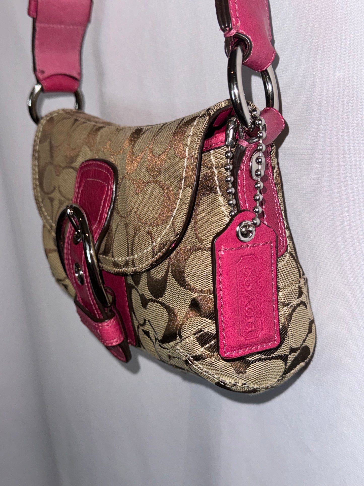 Vintage Y2K Pink and Brown Canvas Soho Flap Shoulder Bag