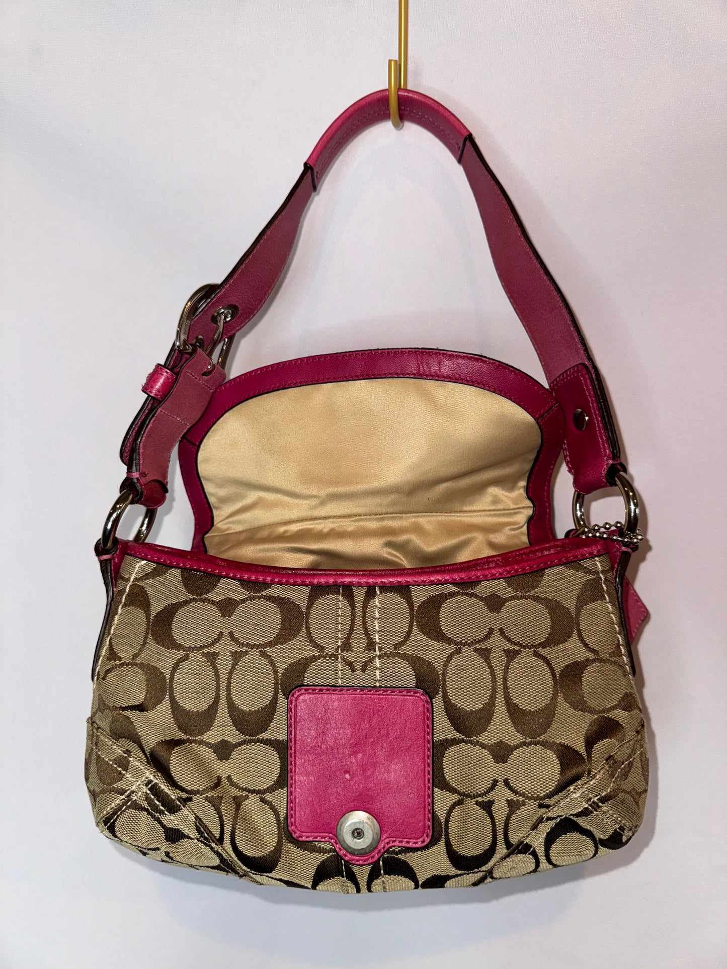 Vintage Y2K Pink and Brown Canvas Soho Flap Shoulder Bag