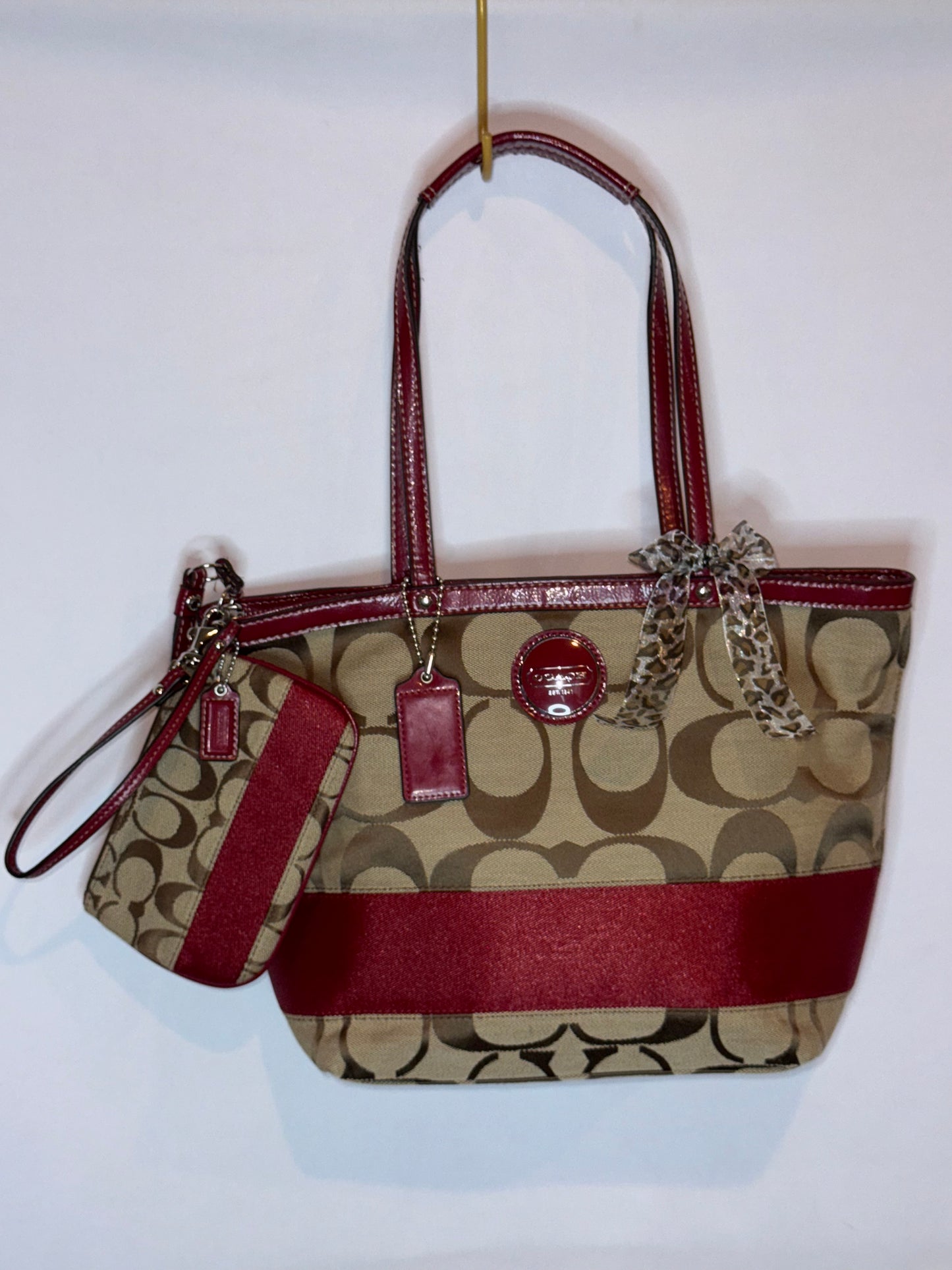 Vintage Y2K Coach Red and Brown Canvas Tote Back and Wristlet Matching Set