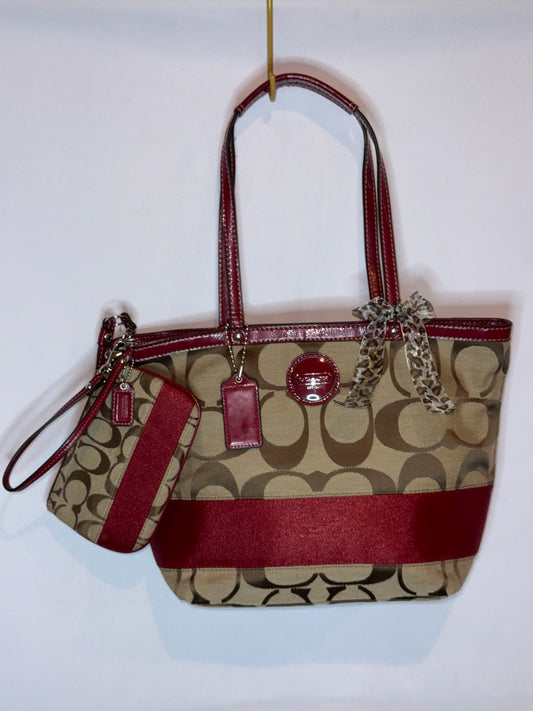 Vintage Y2K Coach Red and Brown Canvas Tote Back and Wristlet Matching Set