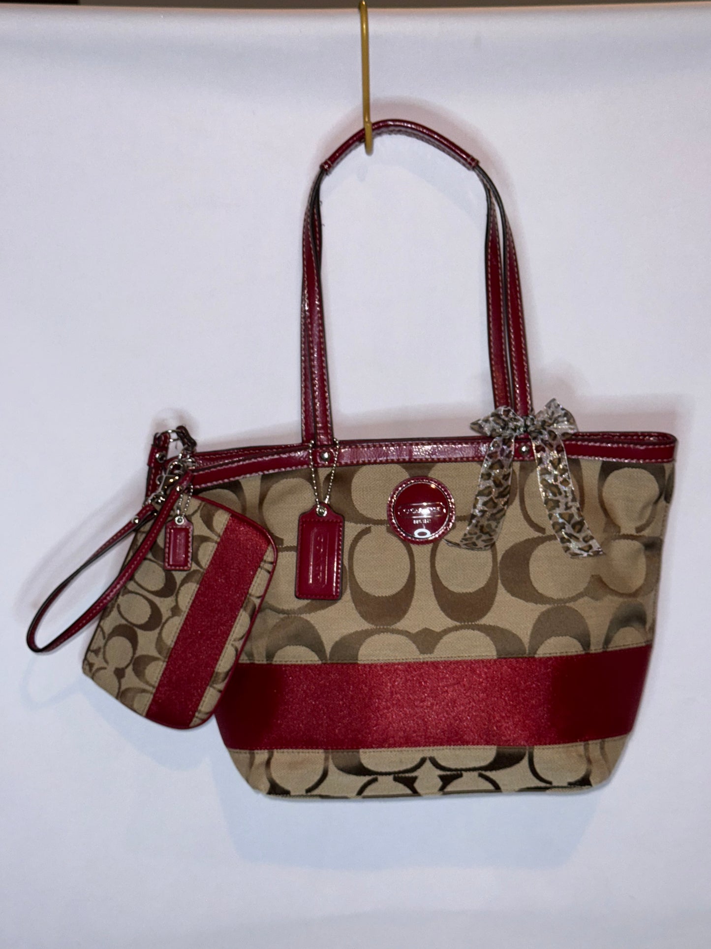 Vintage Y2K Coach Red and Brown Canvas Tote Back and Wristlet Matching Set