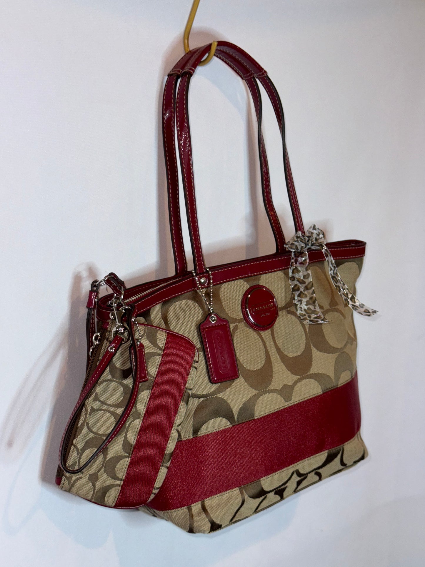 Vintage Y2K Coach Red and Brown Canvas Tote Back and Wristlet Matching Set