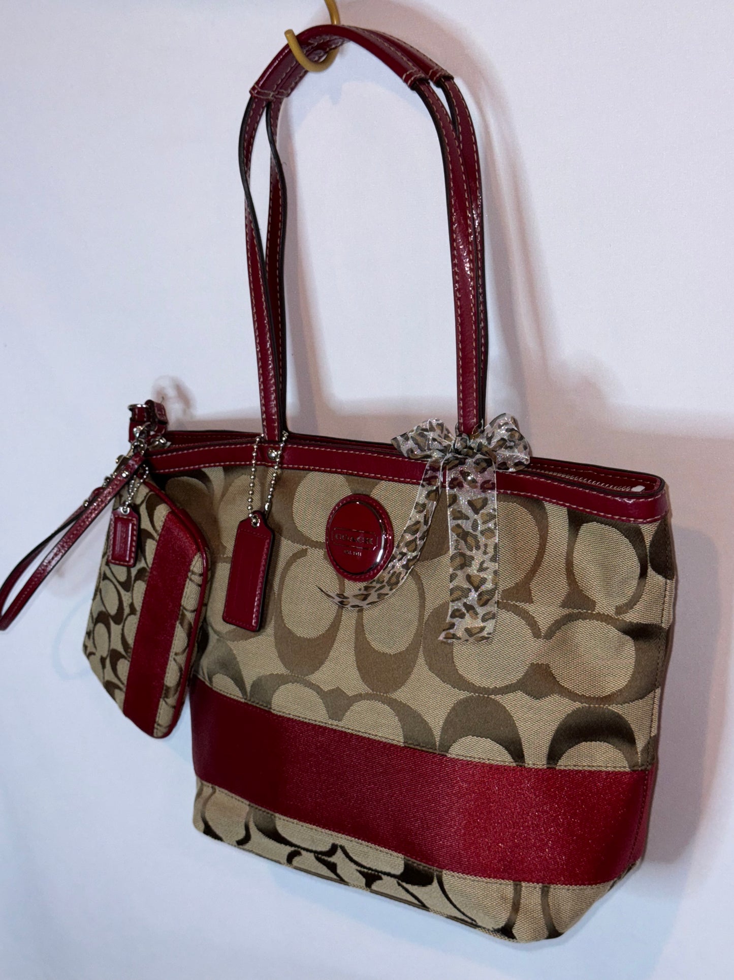 Vintage Y2K Coach Red and Brown Canvas Tote Back and Wristlet Matching Set