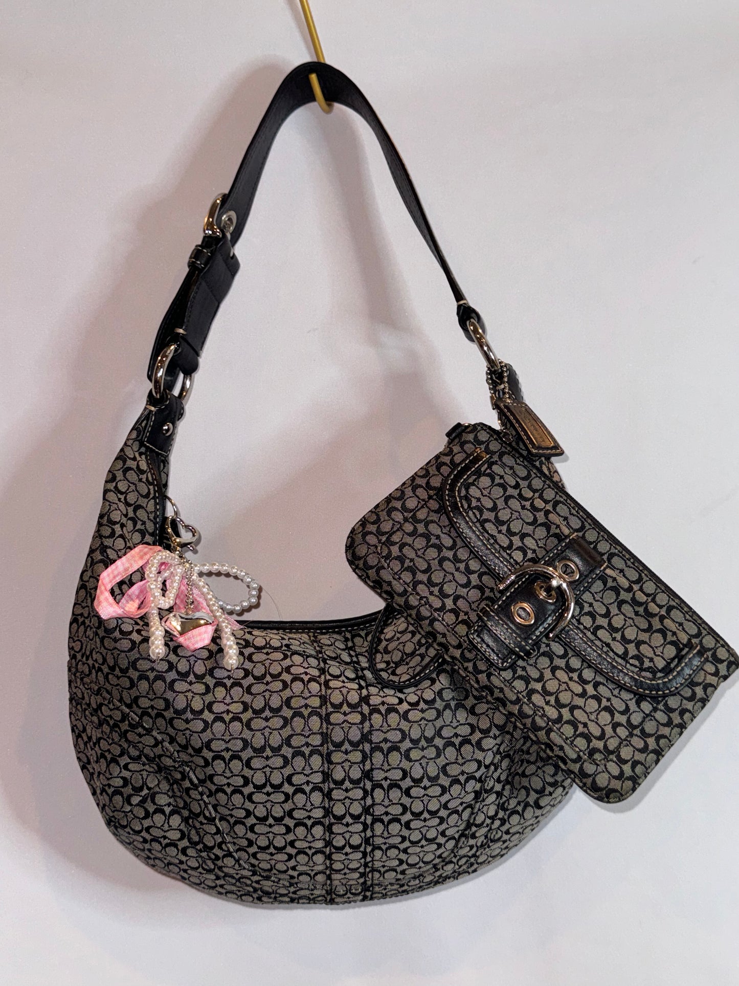 Vintage Y2k Coach Black and Grey Mini Jacquard Shoulder Bag and Wristlet Matching Set